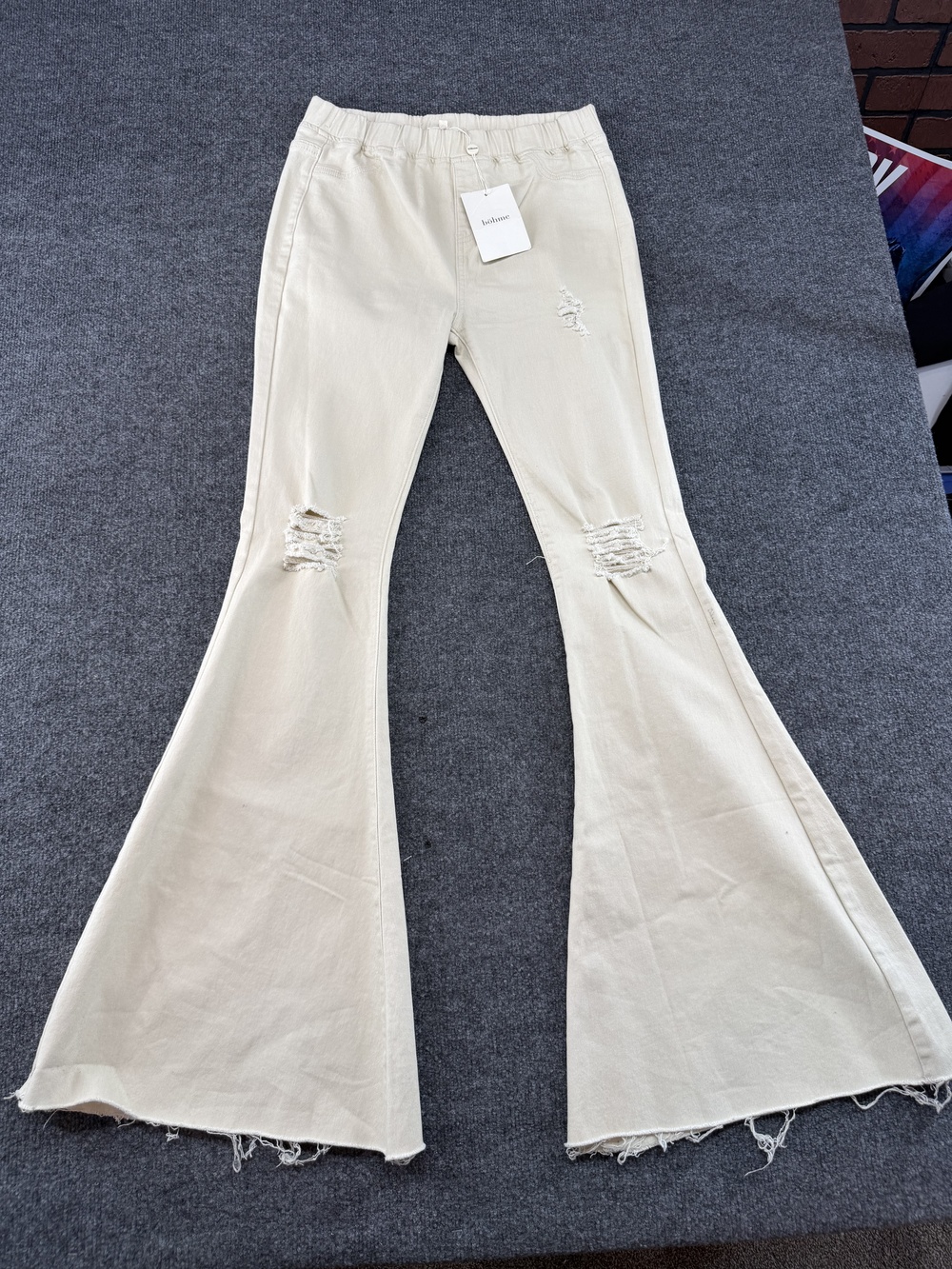 Aaron & Amber Jeans Womens L Beige Elastic Waist Distressed Flare Fringe Denim